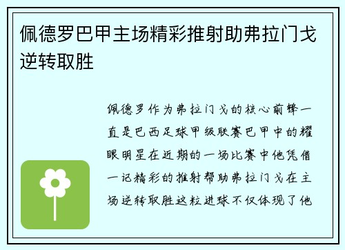 佩德罗巴甲主场精彩推射助弗拉门戈逆转取胜